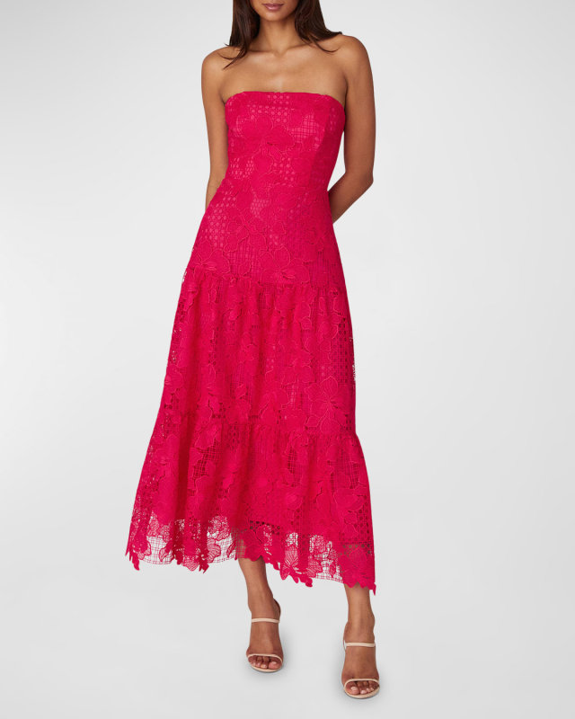 Strapless Tiered Floral Lace Midi Dress